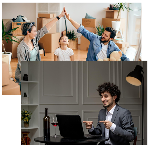 Family with boxes and man at a small table both happy to have bought title insurance in New Jersey